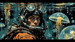 Hero sci fi man swims underwater surounded by mutant jglowing…, Paradigm 13 · FFF\RB\P13\093\001