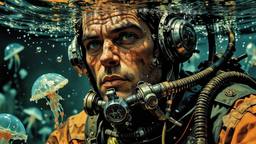 Hero sci fi man swims underwater surounded by mutant jglowing…, Paradigm 13 · FFF\RB\P13\093\002