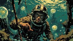 Hero sci fi man swims underwater surounded by mutant jglowing…, Paradigm 13 · FFF\RB\P13\093\003
