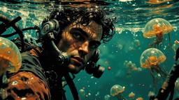 Hero sci fi man swims underwater surounded by mutant jglowing…, Paradigm 13 · FFF\RB\P13\093\004