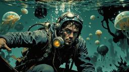 Hero sci fi man swims underwater surounded by mutant jglowing…, Paradigm 13 · FFF\RB\P13\093\005