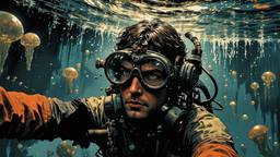 Hero sci fi man swims underwater surounded by mutant jglowing…, Paradigm 13 · FFF\RB\P13\093\006