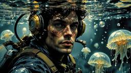 Hero sci fi man swims underwater surounded by mutant jglowing…, Paradigm 13 · FFF\RB\P13\093\007