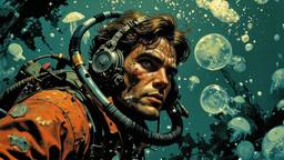 Hero sci fi man swims underwater surounded by mutant jglowing…