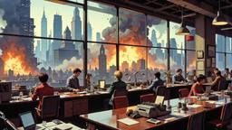 1980's news room full of desks with people typing on…, Paradigm 13 · FFF\RB\P13\097\001