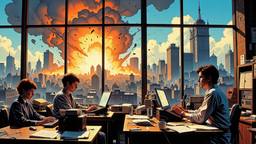 1980's news room full of desks with people typing on…, Paradigm 13 · FFF\RB\P13\097\002