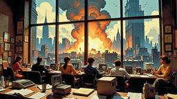 1980's news room full of desks with people typing on…, Paradigm 13 · FFF\RB\P13\097\003