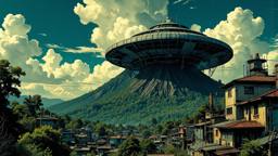 Secret UFO base emerging from a jungle volcano