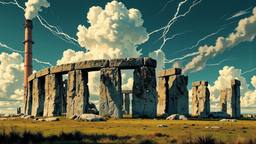 Stone henge covered in technology and pylons puming in high…