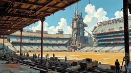 Decaying football stadium turned into a distopian space port