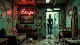 Sex Robot in a futuristic distopian dirty brothel