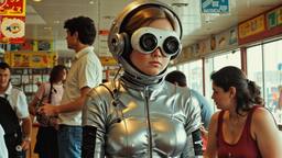 A very tall young teenage boy dressed in futuristic sliver…